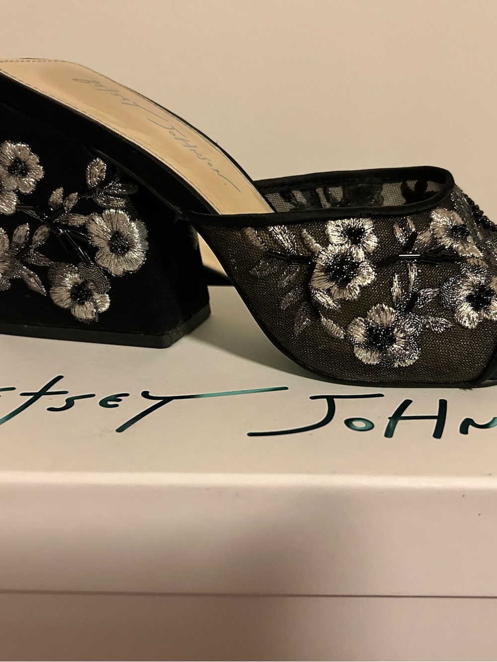 Black floral chunky block heel